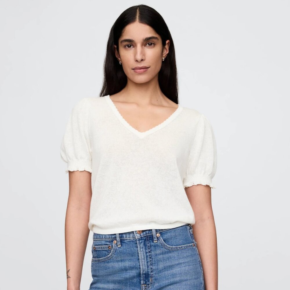 Gap Linen Blend Puff Sleeve Sweater Top - XS Petite